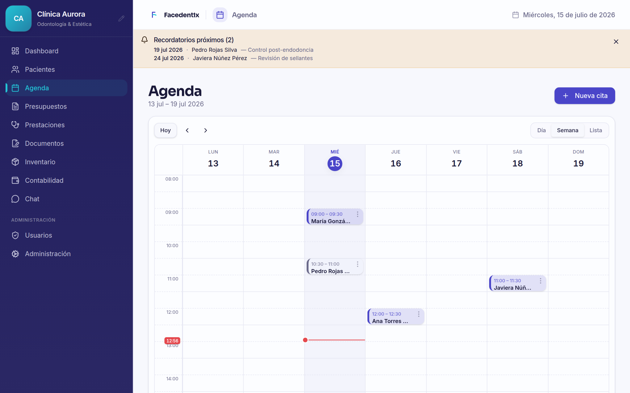 Agenda semanal de Facedentix con citas por día y estados